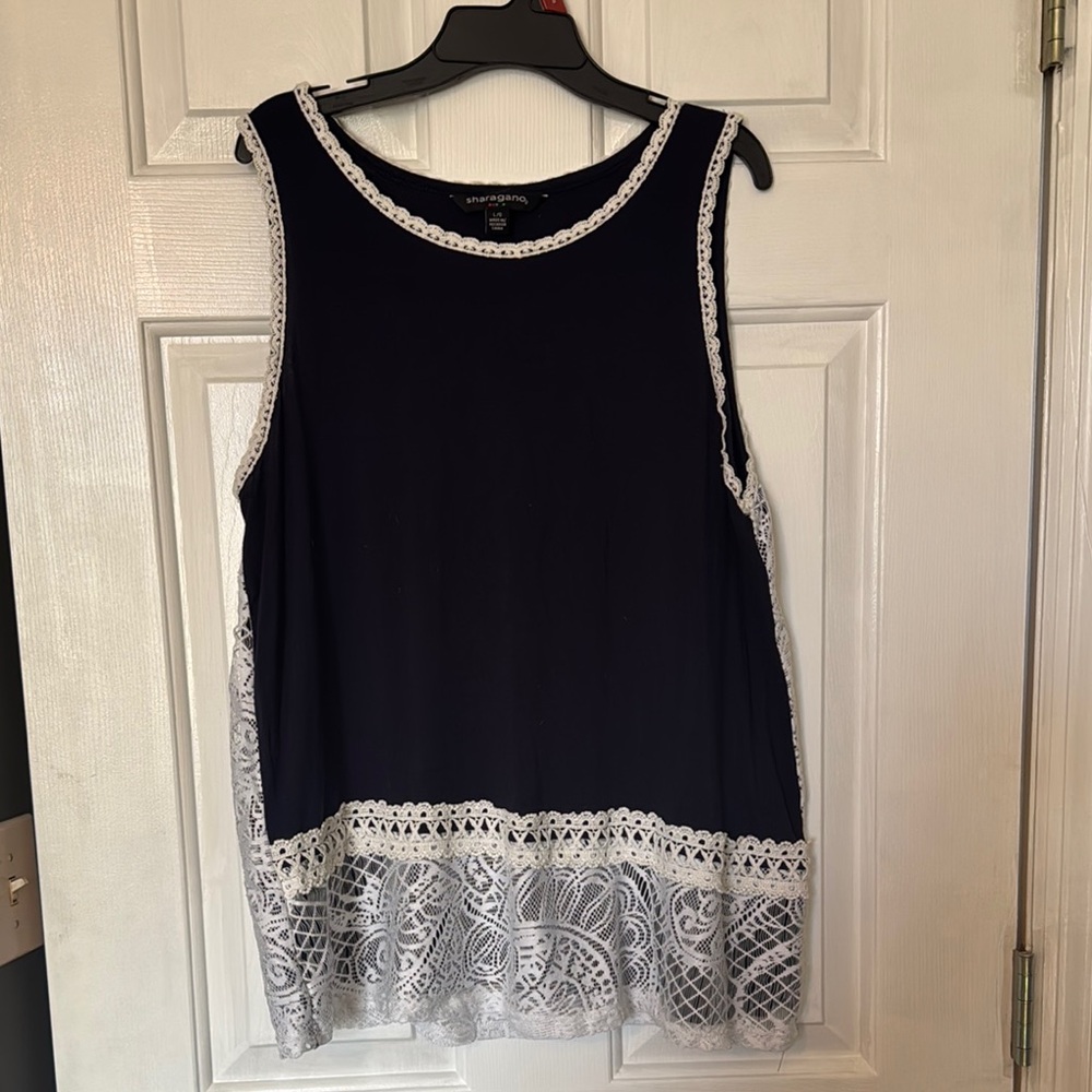 Women's Navy Lace Trim Top
